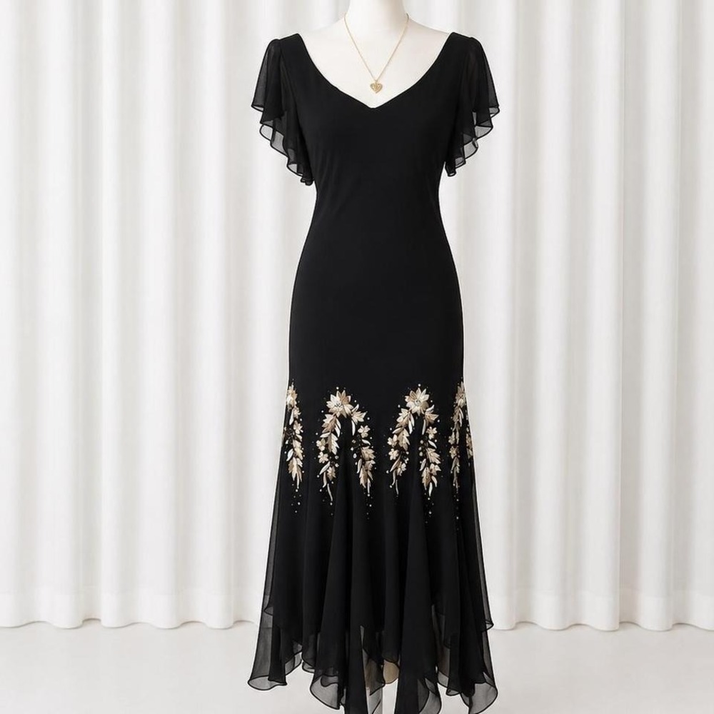 Vintage y2k 2000s black floral beades handkerchief fairy whimsygoth dress